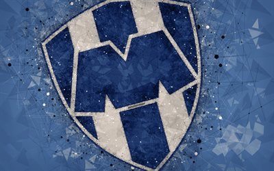 CF Monterrey, 4k, geometric art, logo, Mexican football club, blue abstract background, Primera Division, Monterrey, Mexico, football, Liga MX