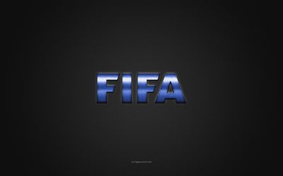 fifa-logo, синий kiilt&#228;v&#228; logo, fifa-metallitunnus, harmaa hiilikuiturakenne, fifa, tuotemerkit, luova taide, fifa-tunnus