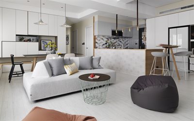 4k, stylish white kitchen interior, modern interior design, living room, white glossy kitchen furniture, stylish interior, living room idea