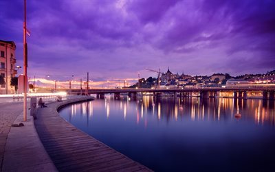 Stockholm, Sweden, reflections, embankment, night, lights