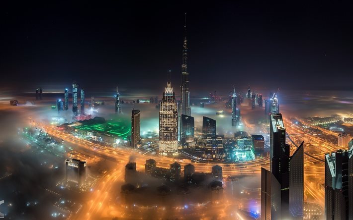Dubai, skyscrapers, United Arab Emirates, fog, night