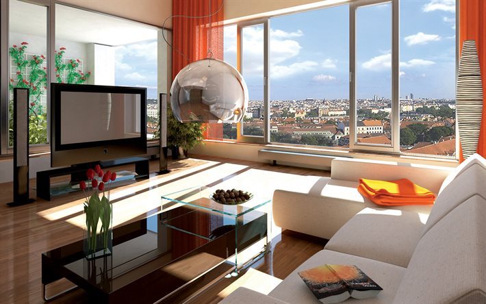 living room, modern living room design, chair ball, suspension seat, orange interior