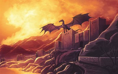 dragon, castle, artwork, mountains, great wall, sunset