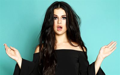 Selena Gomez, muotokuva, Amerikkalainen supert&#228;hti, nuori suosittu laulaja, valokuva ampua, musta mekko, kaunis nuori nainen, USA, suosituin laulaja, maailman t&#228;hti