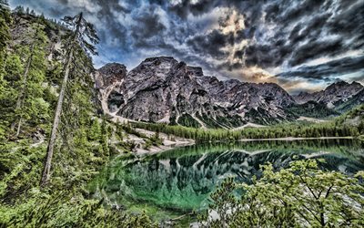 Lake Braies, Alps, mountain landscape, HDR, Pragser Wildsee, mountains, mountain lake, Dolomites, Italy
