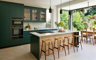 スタイリッシュなキッチンインテリアデザイン, キッチンの緑の家具, モダンなインテリア, キッチン, 緑のキッチン家具, イタリアンスタイル, キッチンのアイデア