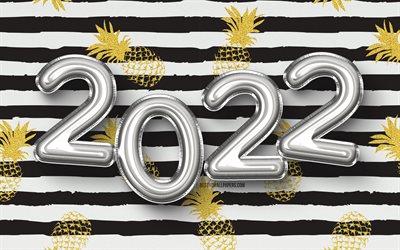 2022シルバーリアルバルーンディジット, 4k, 明けましておめでとうございます, シルバーのリアルな風船, 2022年のコンセプト, 2022年新年, 白い背景の2022, 2022年の数字