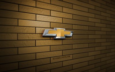 Chevrolet 3D logo, 4K, brown brickwall, creative, cars brands, Chevrolet logo, 3D art, Chevrolet