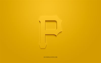pittsburgh pirates emblem, kreatives 3d-logo, gelber hintergrund, american baseball club, mlb, pittsburgh, usa, pittsburgh pirates, baseball, pittsburgh pirates insignien