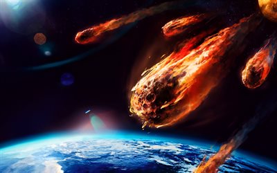 meteorites, planet, Earth, 3D art, galaxy, fire, apocalypse