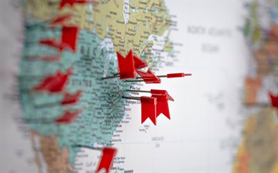 USA kartta, punaiset liput, matkustaa Yhdysvaltoihin, liput neuloja, merkkej&#228; Yhdysvaltain kartalla, neuloja lippuja, YHDYSVALLAT