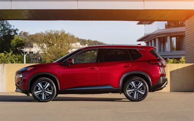 2021, Nissan Rogue, 4k, side view, exterior, red SUV, new red Rogue, japanese cars, Nissan