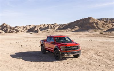 2021, Ford F-150 Raptor, 4k, front view, exterior, red pickup truck, new red F-150 Raptor, american cars, Ford