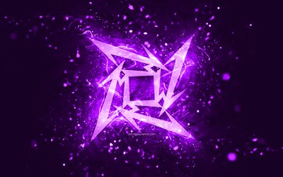 logo viola metallica, 4k, luci al neon viola, creativo, sfondo astratto viola, logo metallica, stelle della musica, metallica