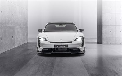 Porsche Taycan Turbo S, Mansory, front view, electric sports car, Taycan tuning, new white Taycan Turbo S, German electric cars, Porsche