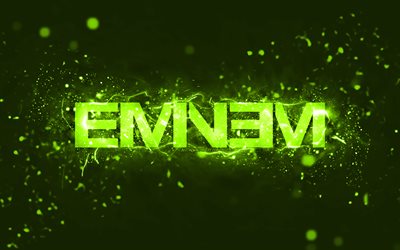 Eminem lime logo, 4k, american rapper, lime neon lights, creative, lime abstract background, Marshall Bruce Mathers III, Eminem logo, music stars, Eminem