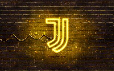 Juventus FC yellow logo, 4k, yellow brickwall, Juventus FC logo, brands, Juve, Juventus FC neon logo, Juventus FC, Juventus logo
