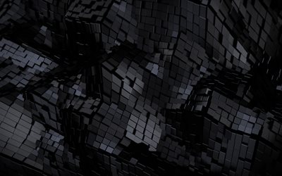 3d svarta kuber, 4k, geometriska former, 3d-texturer, kubm&#246;nster, geometriska texturer, kuber v&#229;gig bakgrund, svart 3d-bakgrund