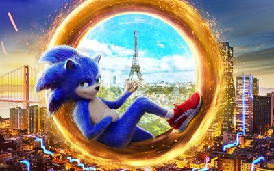Sonic Le H&#233;risson, 2019, 4k, du mat&#233;riel promotionnel, d&#39;affiches, de personnages, de Sonic, de la Tour Eiffel