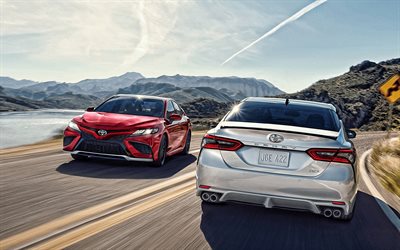 Toyota Camry, 2021, front view, rear view, exterior, new red Camry, new silver Camry, Japanese cars, Toyota