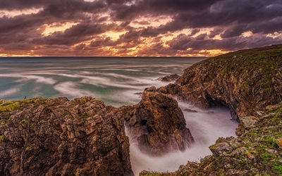 Atlantic ocean, evening, sunset, coast, ocean, Brittany, France