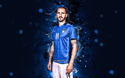 Leonardo Bonucci, 4k, Italy national football team, soccer, footballers, blue neon lights, Italian football team, Leonardo Bonucci 4K