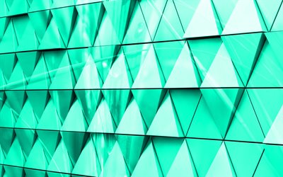 turquoise 3d triangle background, 4k, turquoise 3d background, glass triangles, creative 3d turquoise background, turquoise 3d glass triangles