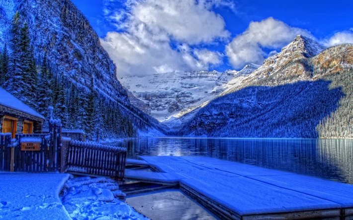 Banff national park, HDR, pier, mountains, lake, Alberta, Canada
