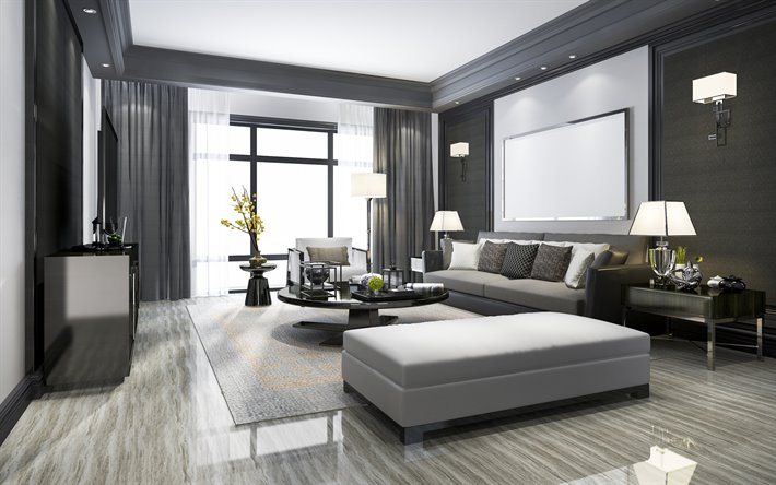 modern interior design, living room, stylish gray interior, modern style, black and white living room, polished black round table