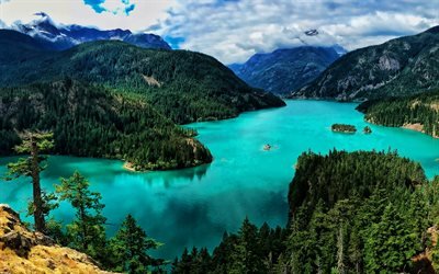 Washington, blue lake, HDR, mountains, forest, USA, beautiful nature, America, summer, american landmarks