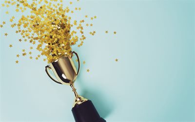 Gold cup, award, business concepts, cup on blue background, victory concepts
