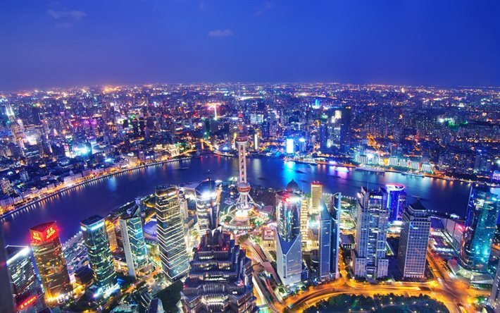 Shanghai, skyskrapor, stadens ljus, Kina, Huangpu