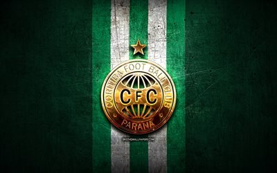 Coritiba FC, golden logo, Serie B, green metal background, football, Coritiba FBC, brazilian football club, Coritiba logo, soccer, Brazil