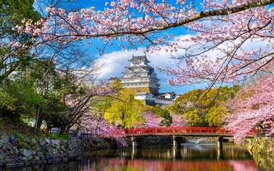 Castelo Himeji, castelo japon&#234;s, primavera, flor de cerejeira, sakura, flor da primavera, castelo branco, castelo Azuchi-Momoyama, Castelo Gar&#231;a-branca branca, Himeji, Jap&#227;o