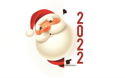 Happy New Year 2022, 4k, Santa Claus, fond blanc, 2022 Santa Claus background, 2022 New Year, 2022 concepts, 2022, carte de voeux, Happy New Year
