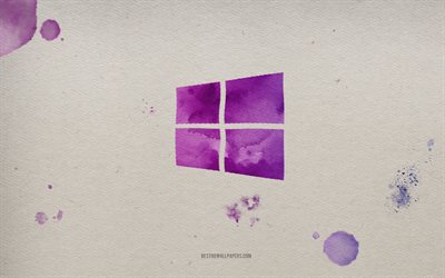 Microsoft Windows 10, 紫の水彩絵の具のロゴ, 紙の背景, Windows10のエンブレム, Windowsロゴ, 水彩アートを描く, Windows