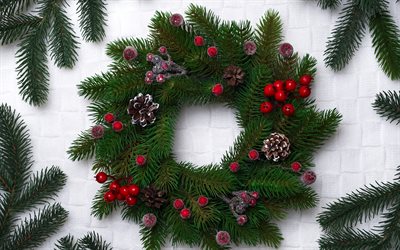 クリスマスリース, 明るい木の背景, メリークリスマス, クリスマス装飾として, クリスマスボールと花輪