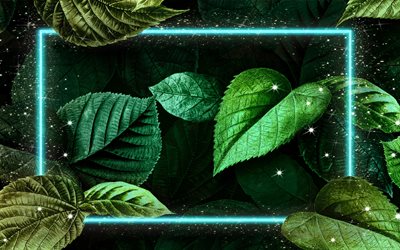 cornice al neon verde, 4k, creativo, foglie verdi, cornici naturali, cornici al neon, opere d&#39;arte, concetti di ecologia