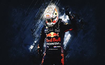 Max Verstappen, pilota automobilistico olandese, Red Bull Racing, Campione del mondo di Formula 1 2021, sfondo di pietra blu, Formula 1, Red Bull