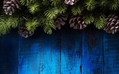 モミの木のクリスマスフレーム, 4k, 青い木製の背景, でこぼこ, クリスマスの飾り, クリスマスフレーム, メリークリスマス