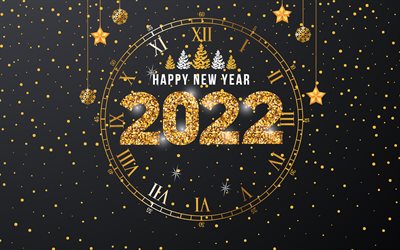 Felice Anno Nuovo 2022, orologio d&#39;oro, 4k, mezzanotte, notte, 2022 Capodanno, sfondo orologio 2022, Capodanno 2022, biglietto di auguri 2022, 2022 concetti