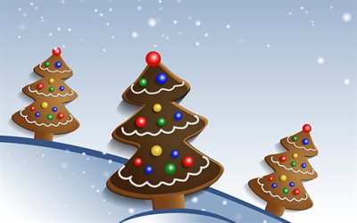 クリスマスツリークッキー, 4k, クリスマス漫画の背景, メリークリスマス, 新年あけましておめでとうございます, 漫画のクリスマスツリー, 冬のクリスマスの背景, クッキー, クリスマスツリー