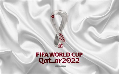 2022 FIFA World Cup, 4k, Qatar 2022, vit sidenstruktur, Qatar 2022 logotyp, Qatar 2022 emblem, 2022 FIFA World Cup logotyp, fotboll