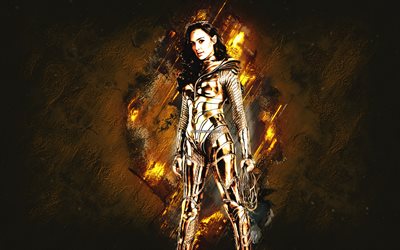 Wonder Woman, superh&#233;roe, fondo de piedra dorada, disfraz dorado de Wonder Woman, Gal Gadot, personaje de Wonder Woman