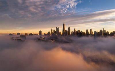 シカゴ, 朝, sunrise, ウィリス・タワー, 高層ビル, 雲の中のシカゴ, シカゴのスカイライン, シカゴの街並み, Illinois, USA