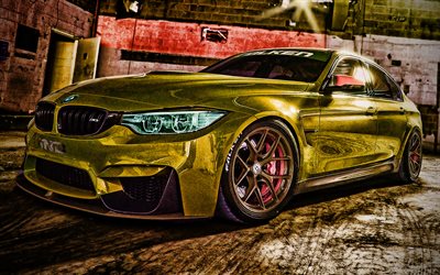 BMW M3, tuning, HDR, carros 2020, F80, Golden BMW M3, supercarros, chuva, BMW M3 F80, carros alem&#227;es, BMW