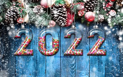 4k, 2022 3d-strumpfbandziffern, frohes neues jahr 2022, weihnachten 2022, weihnachtshintergr&#252;nde, 2022-konzepte, 2022-neujahr, 2022 3d-s&#252;&#223;igkeitsziffern, 2022 auf holzuntergrund, 2022-jahresziffern