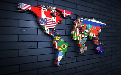 3D政治世界地図, 4k, 青いレンガの壁, 世界の国々の地図, creative クリエイティブ, 世界地図, 3Dアート, ワールドマップ, 世界地図の概念, 旗のある世界地図