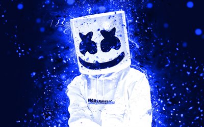 DJ Marshmello, Christopher Comstock, koyu mavi neon ışıklar, 4k, american DJ, superstars, Marshmello 4K, koyu mavi soyut arka planlar, m&#252;zik yıldızları, Marshmello, DJ&#39;ler