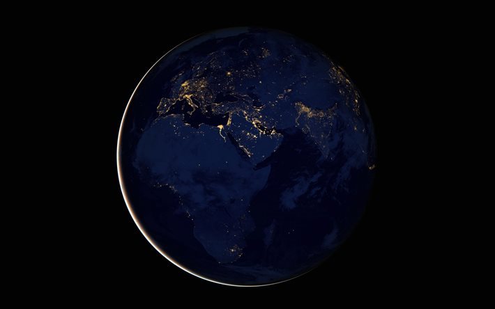 La terra di notte, spazio, luci della citt&#224;, l&#39;Eurasia, il pianeta, l&#39;Africa, Terra